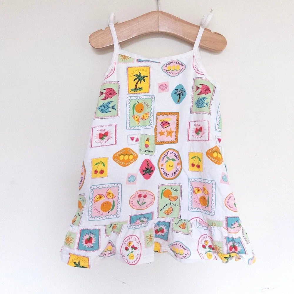 H&M Dress White Summer Fruit Tropical Stamp Print Baby 12 Months